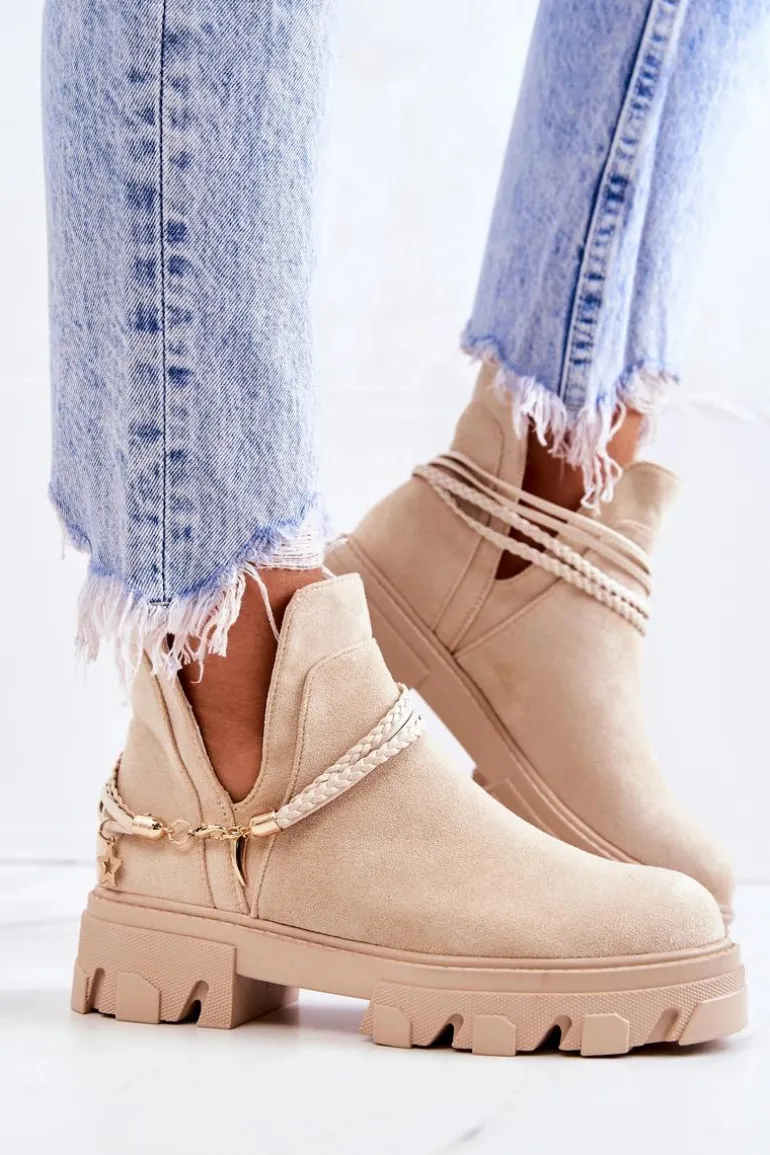 Zamszowe Botki Workery Z Paskami Jasnobeżowe Moriah