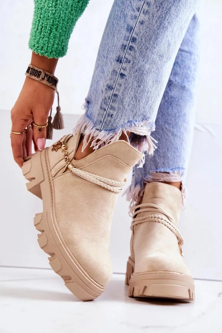 Zamszowe Botki Workery Z Paskami Jasnobeżowe Moriah