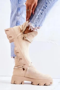 Zamszowe Botki Workery Z Paskami Jasnobeżowe Moriah