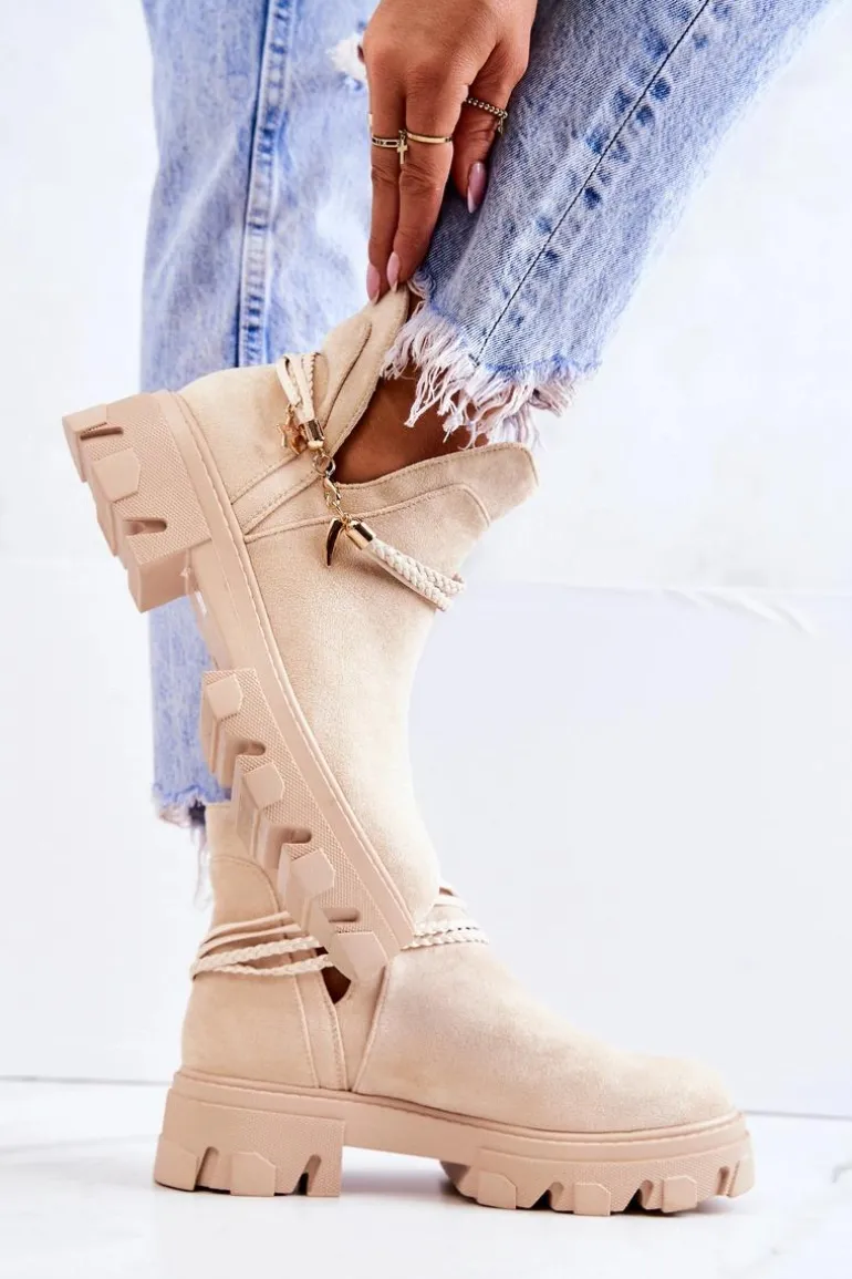 Zamszowe Botki Workery Z Paskami Jasnobeżowe Moriah