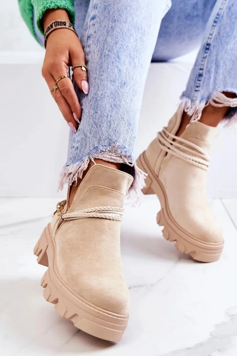 Zamszowe Botki Workery Z Paskami Jasnobeżowe Moriah