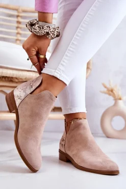 Zamszowe Botki Wężowy Wzór Beżowe Stephanie