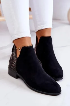 Zamszowe Botki Wężowy Wzór Czarne Stephanie