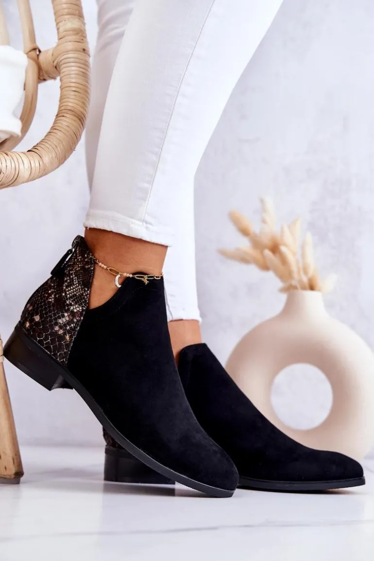 Zamszowe Botki Wężowy Wzór Czarne Stephanie