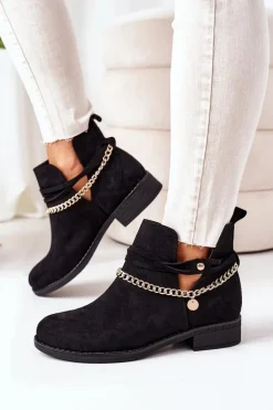 Zamszowe Botki Z Łańcuszkiem Czarne Elvira