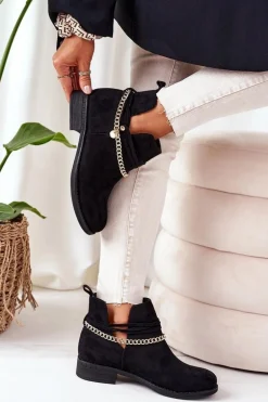 Zamszowe Botki Z Łańcuszkiem Czarne Elvira