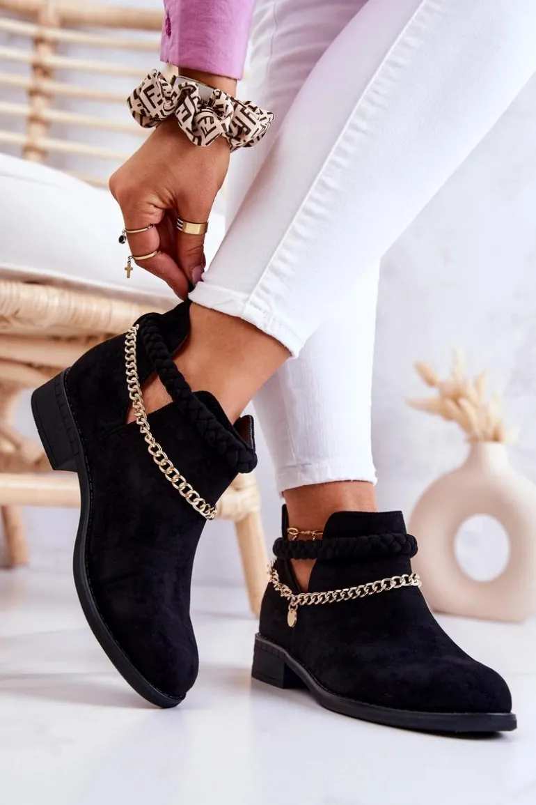 Zamszowe Botki Z Łańcuszkiem Czarne Talitha