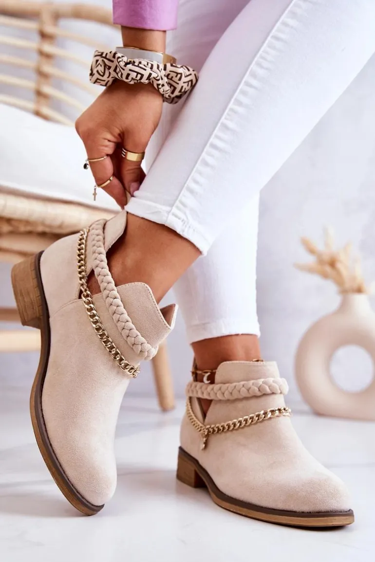 Zamszowe Botki Z Łańcuszkiem Beżowe Talitha
