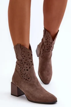 Zamszowe Botki Z Ażurową Cholewką Na Klocku Brązowe Irvelame