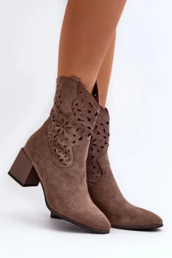 Zamszowe Botki Z Ażurową Cholewką Na Klocku Brązowe Irvelame