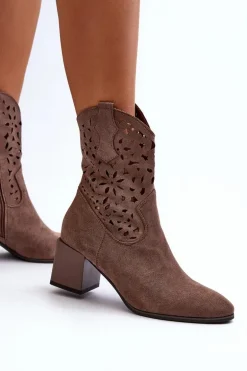 Zamszowe Botki Z Ażurową Cholewką Na Klocku Brązowe Irvelame