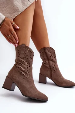 Zamszowe Botki Z Ażurową Cholewką Na Klocku Brązowe Irvelame