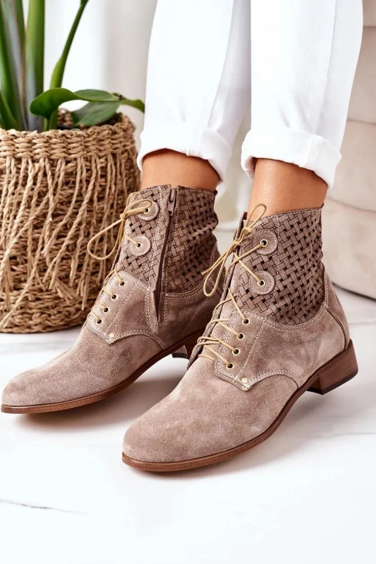 Zamszowe Botki Z Ażurowym Wzorem Cappuccino Josie