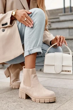 Zamszowe Botki Z Elastyczną Wstawką Beżowe Anyfer