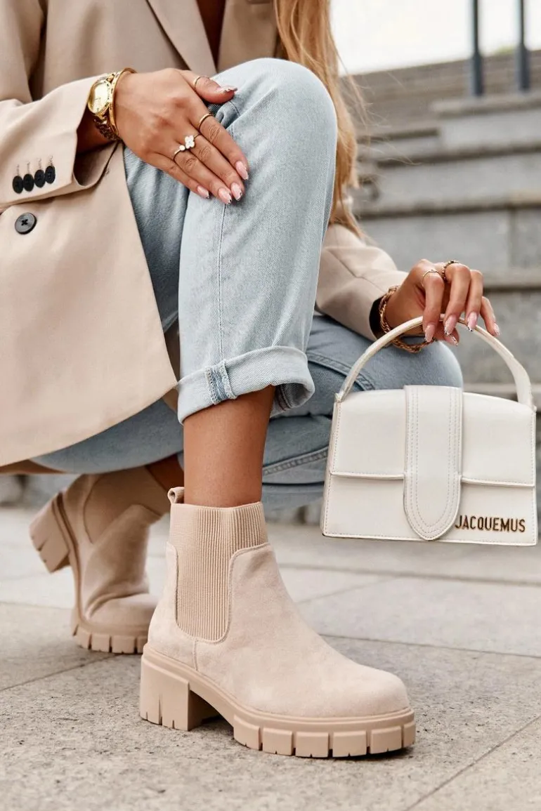 Zamszowe Botki Z Elastyczną Wstawką Beżowe Anyfer