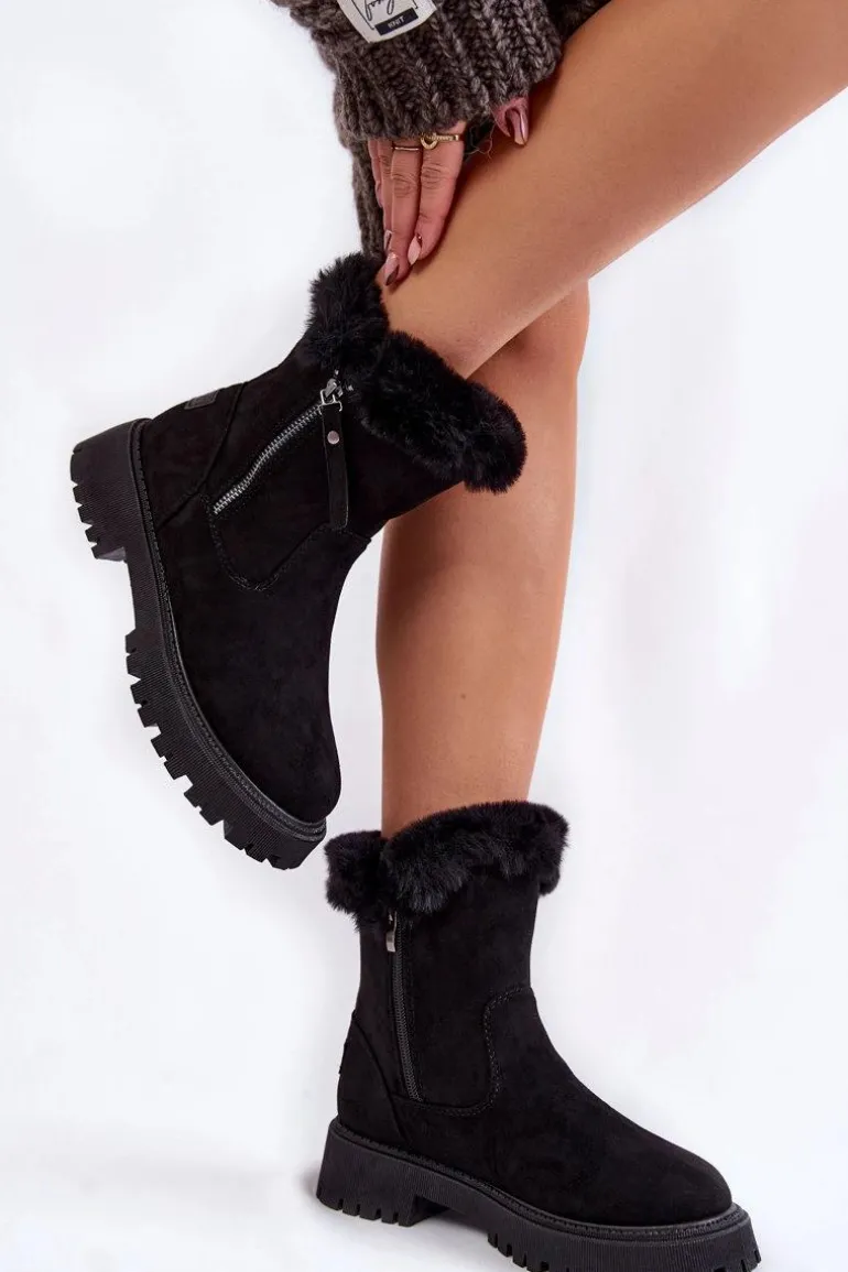 Zamszowe Botki Z Futerkiem Na Suwak Czarne Rezan