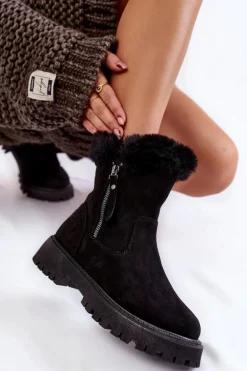 Zamszowe Botki Z Futerkiem Na Suwak Czarne Rezan
