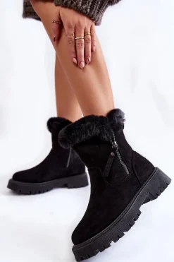 Zamszowe Botki Z Futerkiem Na Suwak Czarne Rezan