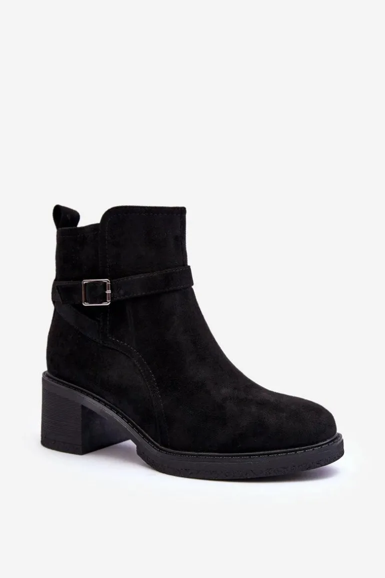 Zamszowe Botki Z Klamrą Czarne Neste
