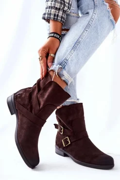 Zamszowe Botki Z Klamrami Brązowe Renisse