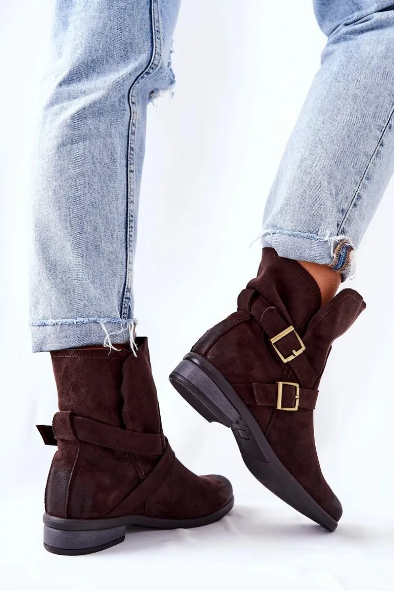 Zamszowe Botki Z Klamrami Brązowe Renisse