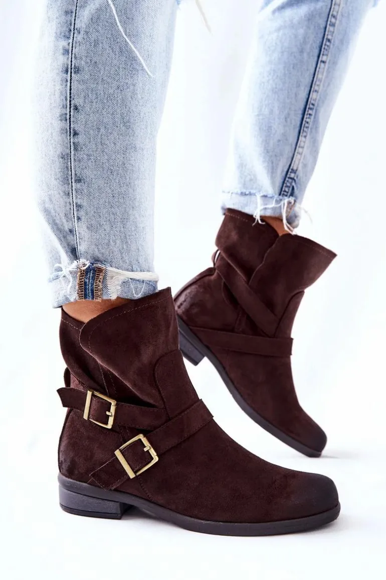 Zamszowe Botki Z Klamrami Brązowe Renisse
