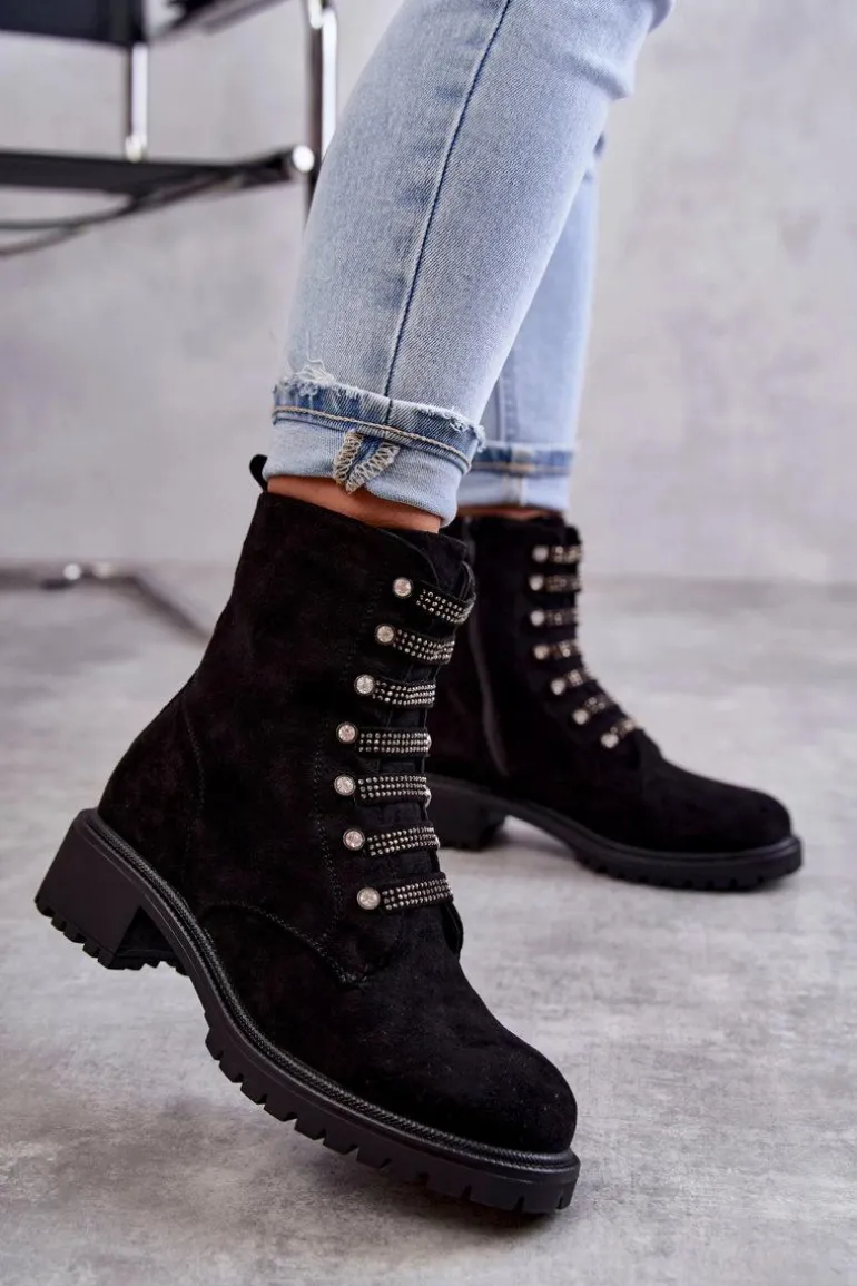 Zamszowe Botki Z Ozdobnymi Paskami Czarne Malesia