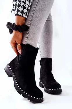 Zamszowe Botki Z Perełkami Czarne Venie