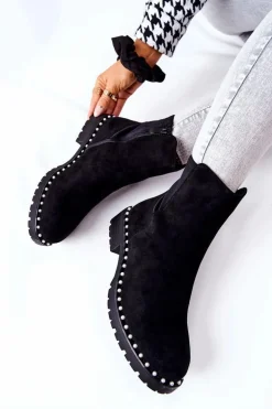 Zamszowe Botki Z Perełkami Czarne Venie