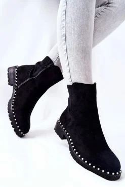 Zamszowe Botki Z Perełkami Czarne Venie