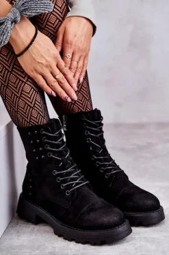 Zamszowe Botki Z Ćwiekami Czarne Palmira