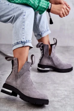 Zamszowe Botki Z Wycięciami Szare Elvera