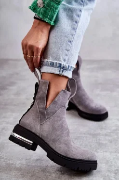 Zamszowe Botki Z Wycięciami Szare Elvera
