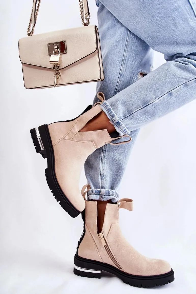 Zamszowe Botki Z Wycięciami Beżowe Elvera