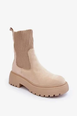 Zamszowe Botki Ze Skarpetą Na Platformie I Płaskim Obcasie Beżowe Rewam