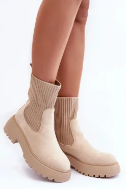 Zamszowe Botki Ze Skarpetą Na Platformie I Płaskim Obcasie Beżowe Rewam