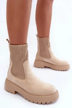 Zamszowe Botki Ze Skarpetą Na Platformie I Płaskim Obcasie Beżowe Rewam