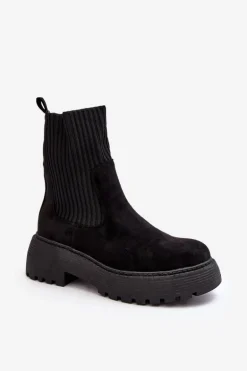 Zamszowe Botki Ze Skarpetą Na Platformie I Płaskim Obcasie Czarne Rewam