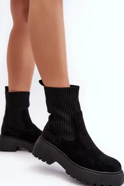 Zamszowe Botki Ze Skarpetą Na Platformie I Płaskim Obcasie Czarne Rewam