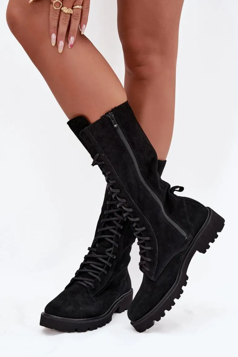 Zamszowe Botki Ze Sznurowaniem Do Połowy Łydki Zazoo 3103 Czarne