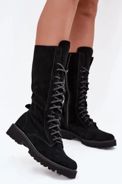 Zamszowe Botki Ze Sznurowaniem Do Połowy Łydki Zazoo 3103 Czarne