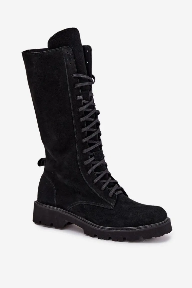 Zamszowe Botki Ze Sznurowaniem Do Połowy Łydki Zazoo 3103 Czarne