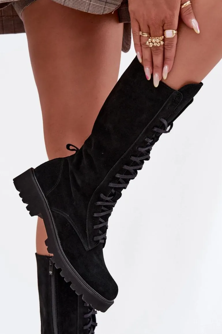 Zamszowe Botki Ze Sznurowaniem Do Połowy Łydki Zazoo 3103 Czarne