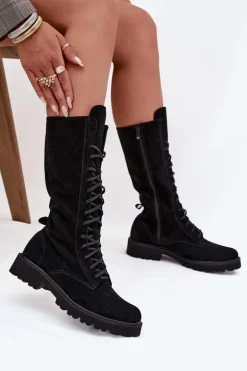 Zamszowe Botki Ze Sznurowaniem Do Połowy Łydki Zazoo 3103 Czarne