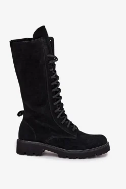 Zamszowe Botki Ze Sznurowaniem Do Połowy Łydki Zazoo 3103 Czarne