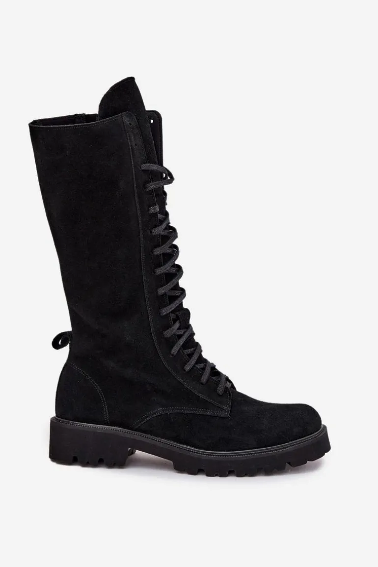 Zamszowe Botki Ze Sznurowaniem Do Połowy Łydki Zazoo 3103 Czarne