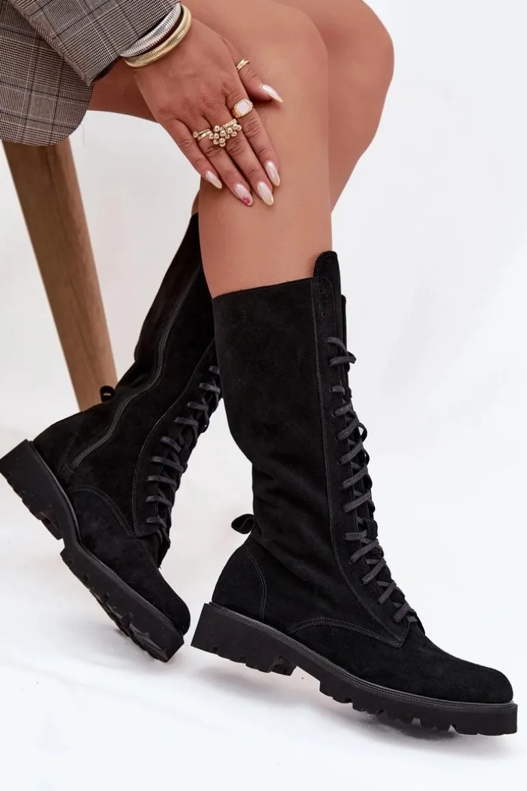 Zamszowe Botki Ze Sznurowaniem Do Połowy Łydki Zazoo 3103 Czarne