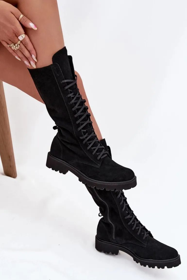 Zamszowe Botki Ze Sznurowaniem Do Połowy Łydki Zazoo 3103 Czarne
