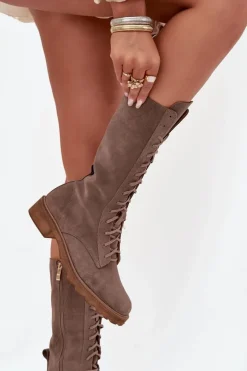 Zamszowe Botki Ze Sznurowaniem Do Połowy Łydki Zazoo 3103 Ciemnobeżowe