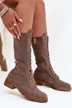 Zamszowe Botki Ze Sznurowaniem Do Połowy Łydki Zazoo 3103 Ciemnobeżowe